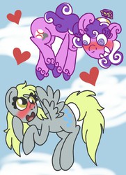 Size: 594x820 | Tagged: safe, artist:colorfulwonders, derpy hooves, screwball, pegasus, pony, g4, blushing, colored hooves, derpball, duo, female, flying, heart, lesbian, mare, no tail, shipping, unshorn fetlocks