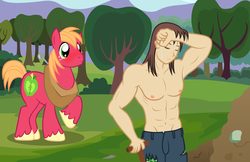 Size: 4808x3106 | Tagged: safe, artist:badumsquish, derpibooru exclusive, big macintosh, oc, oc:anon, oc:generic messy hair anime anon, earth pony, human, pony, g4, abs, bara, blushing, clothes, cute, eyes closed, eyes on the prize, gay, human fetish, male, male nipples, muscles, nipples, nudity, raised hoof, ripped jeans, shovel, stallion, stupid sexy anon, sweat, topless, wide eyes, working