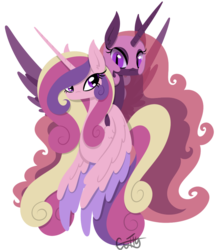 Size: 924x1033 | Tagged: safe, artist:cuttycommando, princess cadance, alicorn, pony, g4, armor, duality, duo, female, horn, lineless, mare, nightmare cadance, nightmarified, simple background, transparent background, wings