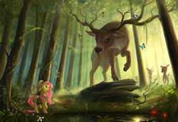 Size: 4128x2824 | Tagged: safe, artist:devinian, fluttershy, bird, butterfly, deer, fawn, pegasus, pony, g4, animal, beautiful, branches for antlers, clothes, explorer outfit, female, floppy ears, forest, hat, high res, irish elk, looking up, mare, megaloceros, open mouth, raised hoof, scenery, scenery porn, shirt, shocked, size difference, stag, wide eyes