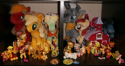 Size: 1242x662 | Tagged: safe, artist:denkimouse, apple bloom, apple bumpkin, applejack, applejack (g1), big macintosh, granny smith, smarty pants, zecora, earth pony, pony, zebra, g1, g4, apple, apple family, apple family member, apple siblings, barn, blind bag, brushable, button, carrot, clothes, collection, costume, customized toy, dress, gala dress, hat, irl, male, mcdonald's, much applejack, photo, plushie, scarecrow, stallion, toy
