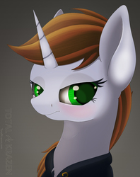 Size: 1250x1578 | Tagged: safe, artist:allyster-black, oc, oc only, oc:littlepip, pony, unicorn, fallout equestria, blushing, bust, clothes, colored pupils, fanfic, fanfic art, female, gray background, horn, jumpsuit, looking at you, mare, portrait, simple background, solo, vault suit