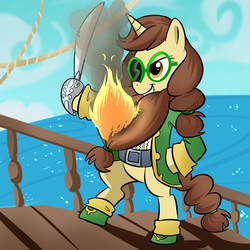 Size: 1000x1000 | Tagged: safe, artist:madmax, oc, oc only, oc:madmax, pony, beard, bipedal, clothes, facial hair, fire, glasses, pirate, ship, solo, sword, weapon