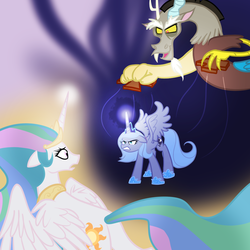 Size: 1000x1000 | Tagged: artist needed, source needed, safe, discord, princess celestia, princess luna, marionette, puppet