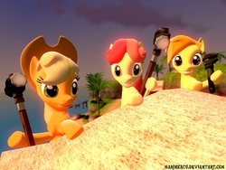 Size: 1024x768 | Tagged: safe, artist:marineacu, apple bumpkin, applejack, jonagold, marmalade jalapeno popette, g4, 3d, apple family member, female, gmod, hammer, sledgehammer, wrench