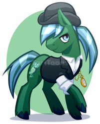 Size: 725x900 | Tagged: safe, artist:taritoons, oc, oc only, oc:thestrauss, earth pony, pony, bedroom eyes, bowler hat, cel shading, clothes, commission, hat, looking at you, pocket watch, raised hoof, simple background, smirk, solo, transparent background, unshorn fetlocks