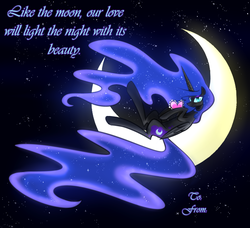 Size: 1150x1050 | Tagged: safe, artist:cosmalumi, nightmare moon, alicorn, pony, tumblr:ask queen moon, g4, blushing, hearts and hooves day, holiday, moon, smiling, solo, tangible heavenly object, valentine, valentine's day