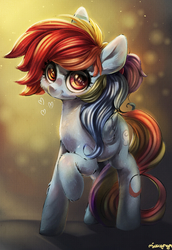 Size: 856x1241 | Tagged: safe, artist:carligercarl, rainbow dash, pegasus, pony, g4, chest fluff, cute, dust, female, fluffy, heart, leg fluff, raised hoof, solo