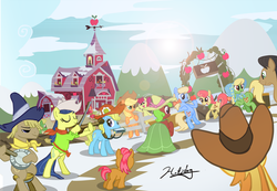 Size: 1024x710 | Tagged: safe, artist:hotdog, apple bloom, apple bumpkin, apple cider (g4), applejack, babs seed, big macintosh, braeburn, fiddlesticks, granny smith, earth pony, pony, g4, apple, apple cider, apple family, apple family member, apple siblings, barn, bipedal, clothes, dress, hat, male, stallion, sweet apple acres