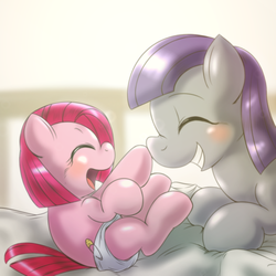 Size: 1000x1000 | Tagged: dead source, safe, artist:ushiro no kukan, maud pie, pinkie pie, g4, baby, baby pie, boop, cute, diaper, diapinkes, duo, eyes closed, filly, grin, maudabetes, on back, open mouth, pie sisters, prone, sisters, smiling, ushiro is trying to murder us, weapons-grade cute, when she smiles, younger