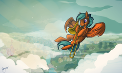 Size: 1200x720 | Tagged: safe, artist:casynuf, oc, oc only, cloud, cloudy, flying, musical instrument, solo, trombone