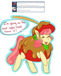 Size: 1200x1500 | Tagged: safe, artist:tiki-sama, apple bumpkin, g4, apple costume, apple family member, ask, caramel apple (food), caramel apple costume, clothes, costume, food, food costume, solo, tumblr