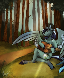 Size: 2480x3000 | Tagged: safe, artist:casynuf, oc, oc only, anthro, dark, forest, guitar, high res, hoof hold, sitting, smiling, solo, spread wings