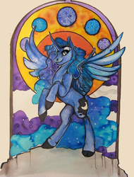 Size: 2000x2633 | Tagged: safe, artist:casynuf, princess luna, g4, bedroom eyes, cloven hooves, female, high res, modern art, nouveau, rearing, smiling, solo, spread wings, traditional art