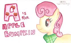 Size: 1506x920 | Tagged: safe, artist:spot1the2dog3, apple bumpkin, g4, apple family member, female, solo, traditional art