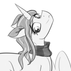 Size: 2000x2000 | Tagged: safe, artist:whisperfoot, oc, oc only, oc:autumn leaf, pony, unicorn, clothes, cute, high res, horn, monochrome, raised hoof, scarf, smiling