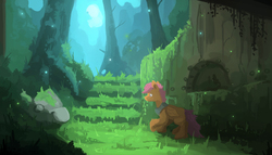 Size: 2300x1319 | Tagged: safe, artist:fuzzyfox11, scootaloo, firefly (insect), g4, female, forest, solo