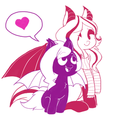 Size: 1453x1386 | Tagged: safe, artist:zuyoi, oc, oc only, oc:arrhythmia, oc:heartbeat, bat pony, pony, bat pony oc, bat wings, clothes, heart, looking at each other, scarf, sitting, solo, stockings, wings