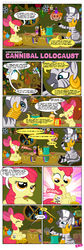 Size: 1900x5631 | Tagged: safe, artist:pixelkitties, apple bloom, applejack, diamond tiara, zecora, earth pony, pony, zebra, g4, abuse, beetlejuice, bottle, candle, cannibal holocaust, cannibalism, comic, creepy, dark comedy, dead, decapitated, destro, female, filly, flavor flav, g.i. joe, implied death, implied murder, jigsaw, konami code, pineapple, saw (movie), severed head, shrunken head, sitting, soup, the mask, tiarabuse, we are going to hell, zecora's hut