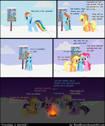 Size: 1042x1250 | Tagged: safe, artist:ratofdrawn, applejack, fluttershy, pinkie pie, rainbow dash, rarity, spike, twilight sparkle, g4, campfire, clothes, comic, cute, fire, leaning, mane seven, mane six, on back, open mouth, ponyloaf, poster, prone, scarf, smiling, snow, wonderbolts