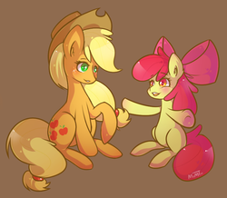 Size: 804x702 | Tagged: safe, artist:mimtii, apple bloom, applejack, g4, apple sisters, blushing, brown background, duo, ear fluff, full body, happy, looking at each other, looking at someone, raised hoof, siblings, simple background, sisters, sitting, spread hooves, underhoof