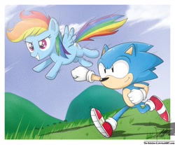 Size: 1280x1058 | Tagged: safe, artist:the-butch-x, rainbow dash, pegasus, pony, g4, classic sonic, crossover, duo, filly, filly rainbow dash, flying, foal, male, race, running, sonic the hedgehog, sonic the hedgehog (series), younger
