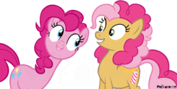 Size: 1024x515 | Tagged: safe, artist:ashidaii, artist:poikahorse, pinkie pie, oc, oc:silly string, g4, mother and daughter, nervous, offspring, parent:cheese sandwich, parent:pinkie pie, parents:cheesepie, simple background, transparent background