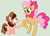 Size: 814x579 | Tagged: dead source, safe, artist:ashidaii, artist:jollyjoltik, artist:poikahorse, artist:polkamena, oc, oc only, oc:cocoa cream, oc:silly string, female, filly, offspring, parent:cheese sandwich, parent:pinkie pie, parents:cheesepie, pointing, rearing, simple background