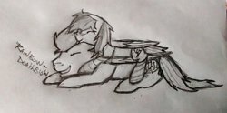 Size: 1024x509 | Tagged: safe, artist:rainbow-deathblow, rainbow dash, soarin', g4, clothes, female, male, monochrome, ship:soarindash, shipping, sketch, socks, straight, traditional art