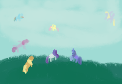 Size: 3200x2200 | Tagged: safe, artist:plasters-ponies, applejack, derpy hooves, fluttershy, pinkie pie, rainbow dash, rarity, twilight sparkle, pegasus, pony, g4, female, high res, mane six, mare