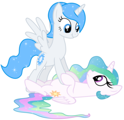 Size: 6000x5800 | Tagged: safe, artist:magister39, princess celestia, oc, oc:white flare, alicorn, pony, g4, absurd resolution, alicorn oc, cute, eye contact, female, frown, mare, ocbetes, on back, pinned, scrunchy face, simple background, spread wings, transparent background, vector, younger