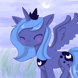 Size: 2000x2000 | Tagged: safe, artist:mayasato, princess luna, g4, cute, eyes closed, female, filly, high res, lunabetes, moon, solo, woona