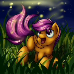 Size: 4800x4800 | Tagged: safe, artist:grennadder, scootaloo, firefly (insect), g4, absurd resolution, cute, cutealoo, female, night, solo