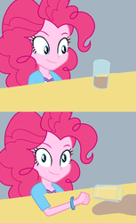 Size: 550x900 | Tagged: safe, artist:pinkiepiemike, pinkie pie, equestria girls, g4, chocolate milk, everything is ruined, exploitable meme, female, looking at you, meme, pure unfiltered evil, solo, spilled milk, xk-class end-of-the-world scenario