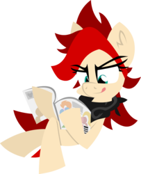 Size: 5851x7206 | Tagged: safe, artist:zvn, oc, oc only, oc:red pone (8chan), /pone/, 8chan, absurd resolution, bandana, clothes, cross legged, magazine, reading, scarf, solo, tongue out
