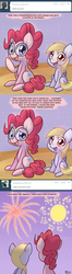 Size: 600x2260 | Tagged: safe, artist:solar-slash, derpy hooves, pinkie pie, pegasus, pony, ask pinkie pie solutions, g4, ask, beach, comic, dizzy hooves, female, fireworks, glasses, mare, tumblr