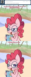 Size: 600x1500 | Tagged: safe, artist:solar-slash, pinkie pie, earth pony, pony, ask pinkie pie solutions, g4, ask, book, comic, female, glasses, mare, solo, tumblr