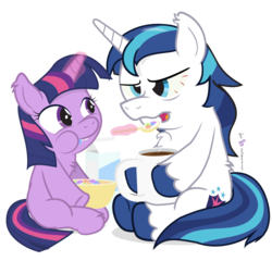 Size: 750x720 | Tagged: safe, artist:dm29, shining armor, twilight sparkle, g4, bloodshot eyes, breakfast, cereal, coffee, coffee mug, duo, fluffy, fuzznums, puffy cheeks, simple background, transparent background, twily