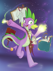 Size: 1200x1600 | Tagged: safe, artist:equestria-prevails, spike, dragon, g4, armpits, book, magic, male, older, older spike, open mouth, satchel, scroll