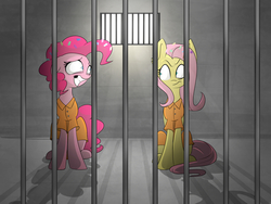 Size: 2000x1500 | Tagged: safe, artist:fa-brony, fluttershy, pinkie pie, g4, clothes, confetti, death stare, fluttershy is not amused, grin, jumpsuit, nervous, nervous smile, noodle incident, prison, prison outfit, prisoner fs, prisoner pp, smiling, this ended in jail time