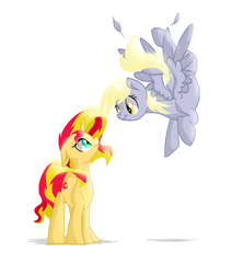 Size: 5080x6000 | Tagged: safe, artist:roaert, derpy hooves, sunset shimmer, pegasus, pony, unicorn, g4, absurd resolution, feather, flying, scrunchy face, simple background, white background