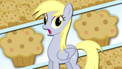 Size: 1366x768 | Tagged: safe, artist:rainbowkipz, artist:xpesifeindx, derpy hooves, pegasus, pony, g4, female, mare, muffin, shocked, solo, vector, wallpaper