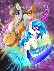 Size: 600x783 | Tagged: safe, artist:slifertheskydragon, dj pon-3, octavia melody, vinyl scratch, earth pony, pony, unicorn, g4, bow (instrument), cello, disc jockey, duo, duo female, female, looking at you, musical instrument, open mouth, smiling, turntable