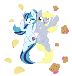 Size: 1280x1347 | Tagged: safe, artist:piichu-pi, derpy hooves, sonata dusk, earth pony, pegasus, pony, equestria girls, g4, cute, female, fin wings, fins, food, mare, muffin, one eye closed, ponified, similarities, simple background, sonataco, taco, that girl sure loves tacos, that pony sure does love muffins, that pony sure does love tacos, that siren sure does love tacos, tongue out, transparent background, wings, wink