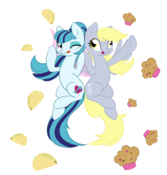 Size: 1280x1347 | Tagged: safe, artist:piichu-pi, derpy hooves, sonata dusk, pegasus, pony, equestria girls, g4, cute, equestria girls ponified, female, fin wings, fins, food, mare, muffin, one eye closed, ponified, similarities, simple background, siren wings, sonataco, taco, that girl sure loves tacos, that pony sure does love muffins, that pony sure does love tacos, that siren sure does love tacos, tongue out, transparent background, wings, wink