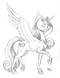 Size: 1023x1330 | Tagged: safe, artist:baron engel, princess cadance, g4, eyes closed, female, monochrome, pencil drawing, raised hoof, solo, spread wings, traditional art