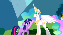 Size: 1366x768 | Tagged: safe, screencap, princess celestia, twilight sparkle, g4, swarm of the century, awkward smile, smiling