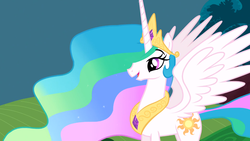 Size: 1366x768 | Tagged: safe, screencap, princess celestia, alicorn, pony, g4, swarm of the century, cute, cutelestia, female, jewelry, mare, open mouth, peytral, regalia, smiling, solo, spread wings, wings