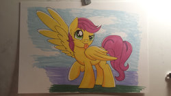 Size: 1024x576 | Tagged: safe, artist:drawponies, oc, oc only, oc:sweet words, pegasus, pony, :p, drawing, raised eyebrow, raised hoof, smirk, solo, spread wings, tongue out, traditional art