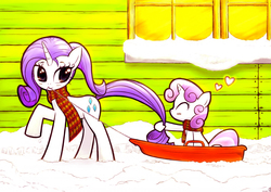 Size: 1200x849 | Tagged: safe, artist:sigpi, rarity, sweetie belle, pony, unicorn, g4, alternate hairstyle, clothes, cute, diasweetes, duo, heart, prehensile tail, scarf, sisters, sled, snow, tail, tail hold, tail pull, weapons-grade cute